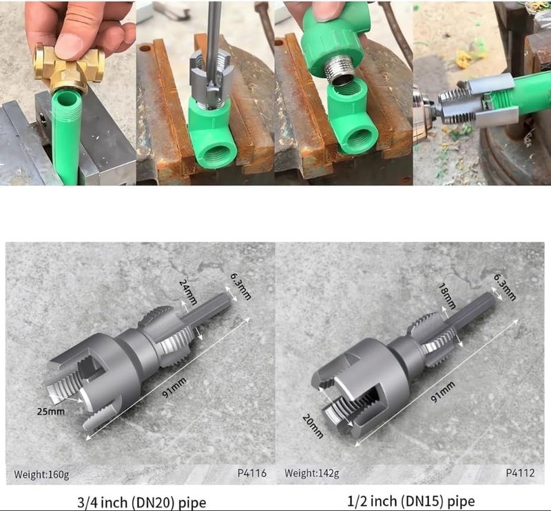 LEONICE 2 in 1 Integrated Internal & External Pipe Threading Tool 1/2 3/4 1 Npt 2025 Front Before PVC Pipe Re Threader Tool Electric Drill Thread Size Maker Kit for Plastic PPR Pipe Tap Die Set (1/2" + 3/4") - Image 4